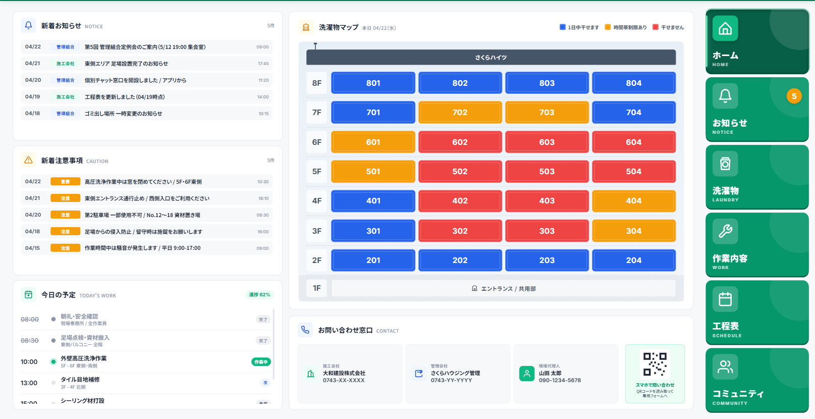 くらしリンクの大型モニター画面。新着お知らせ・注意事項、洗濯物マップ、今日の予定、お問い合わせ窓口をまとめて表示